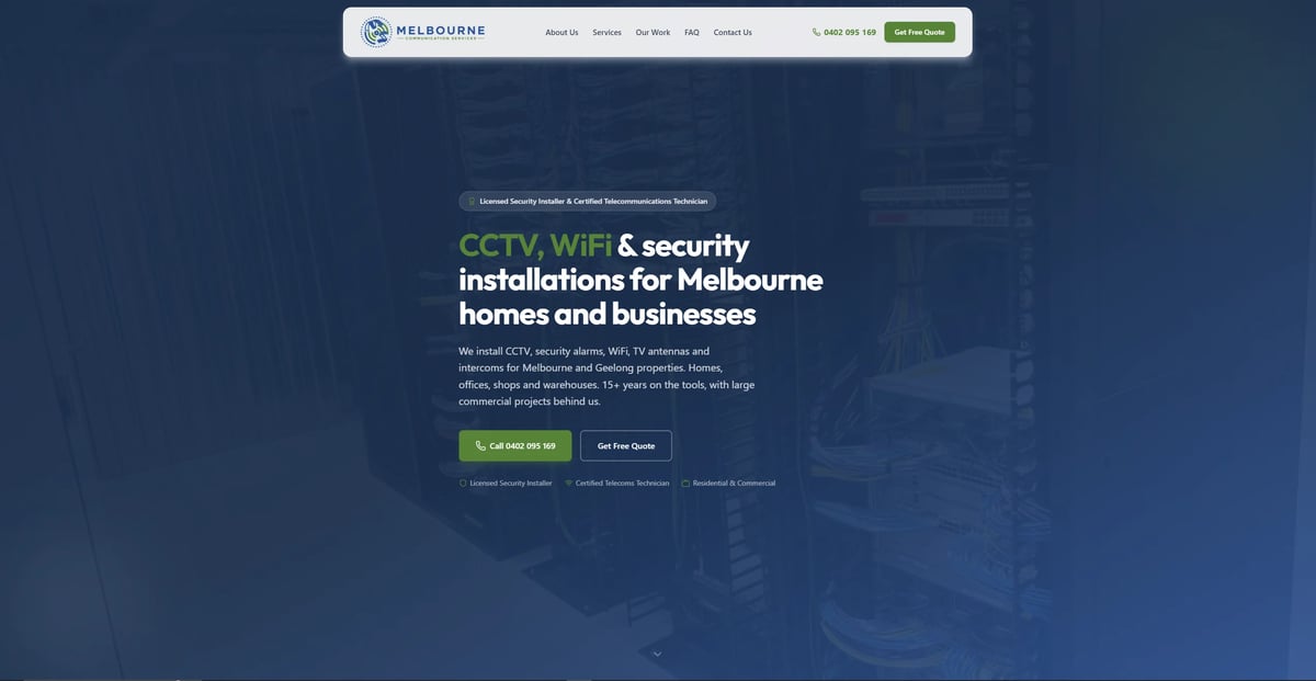 Website header for CCTV, WiFi and security installations in Melbourne with navigation menu and service information